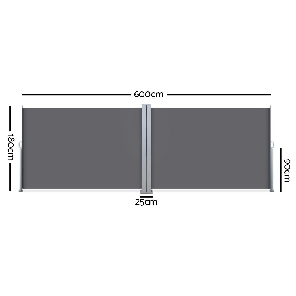 Instahut 1.8X6M Retractable Side Awning in grey, showcasing its robust steel frame and UV-resistant polyester fabric, ideal for outdoor use.